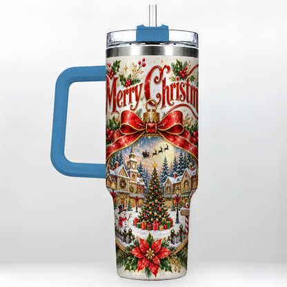 #pl[40oz|Blue] Christmas Village 40oz Tumbler with Handle, Botanical Winter Art