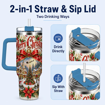 #pl[40oz|Blue] Christmas Village 40oz Tumbler with Handle, Botanical Winter Art