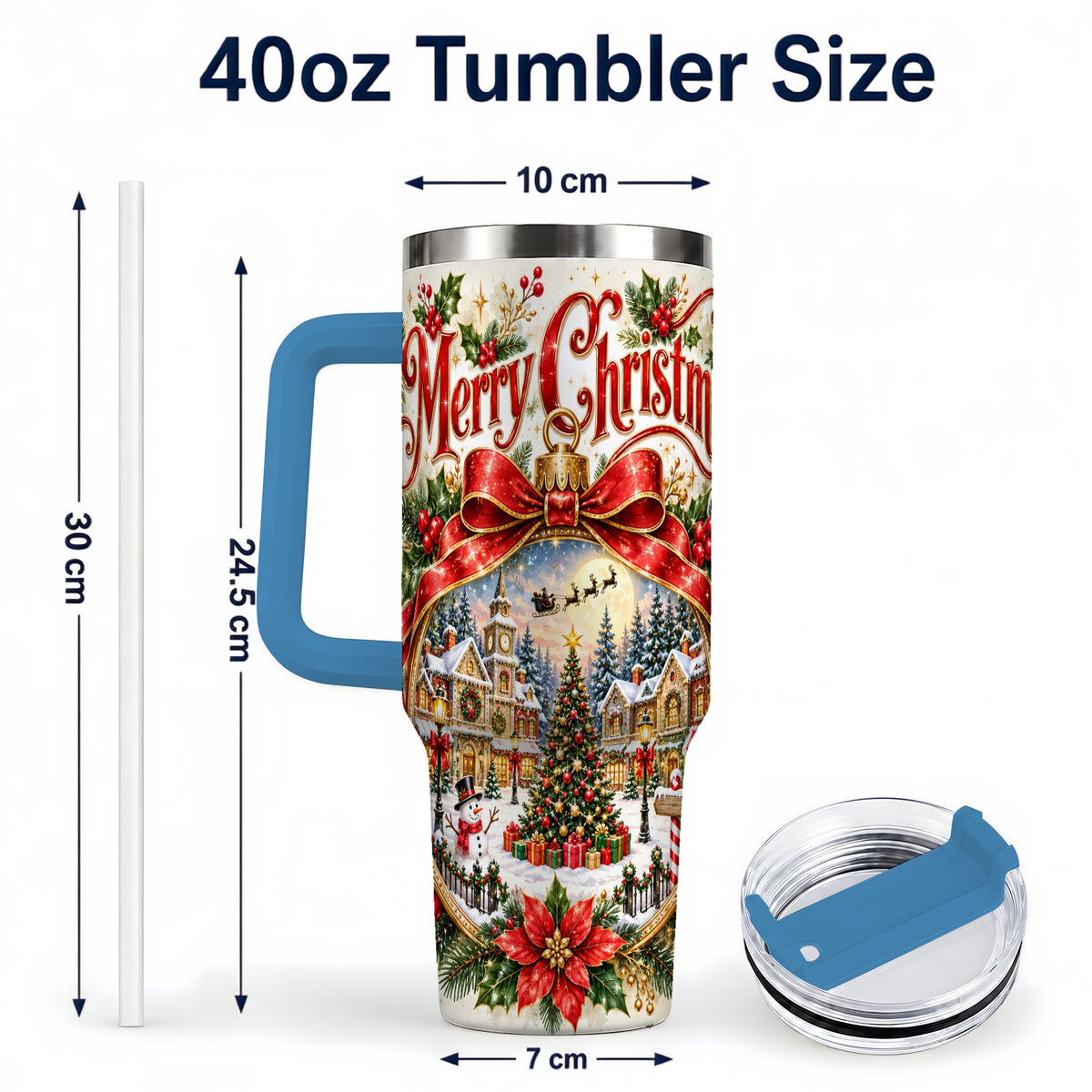 #pl[40oz|Blue] Christmas Village 40oz Tumbler with Handle, Botanical Winter Art