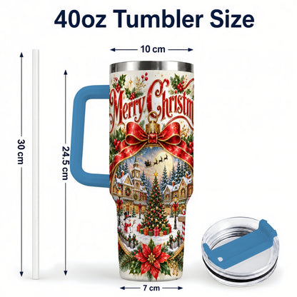 #pl[40oz|Blue] Christmas Village 40oz Tumbler with Handle, Botanical Winter Art