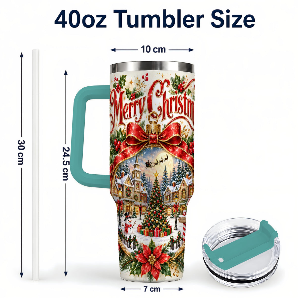 #pl[40oz|Green] Christmas Village 40oz Tumbler with Handle, Botanical Winter Art