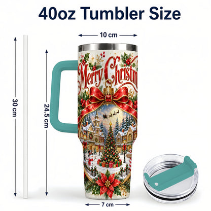 #pl[40oz|Green] Christmas Village 40oz Tumbler with Handle, Botanical Winter Art