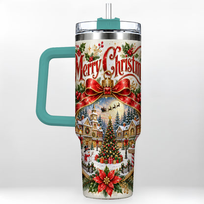 #pl[40oz|Green] Christmas Village 40oz Tumbler with Handle, Botanical Winter Art