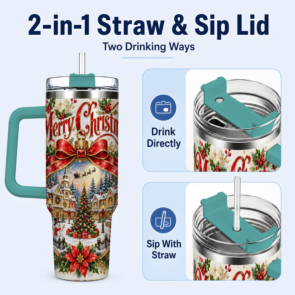 #pl[40oz|Green] Christmas Village 40oz Tumbler with Handle, Botanical Winter Art