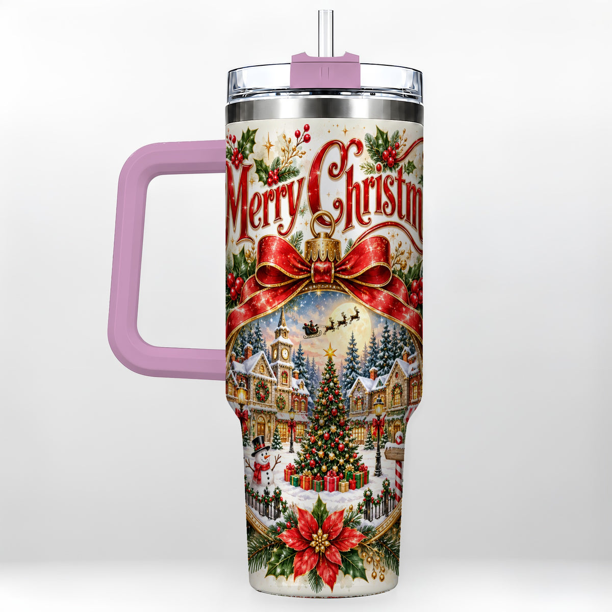 #pl[40oz|Pink] Christmas Village 40oz Tumbler with Handle, Botanical Winter Art