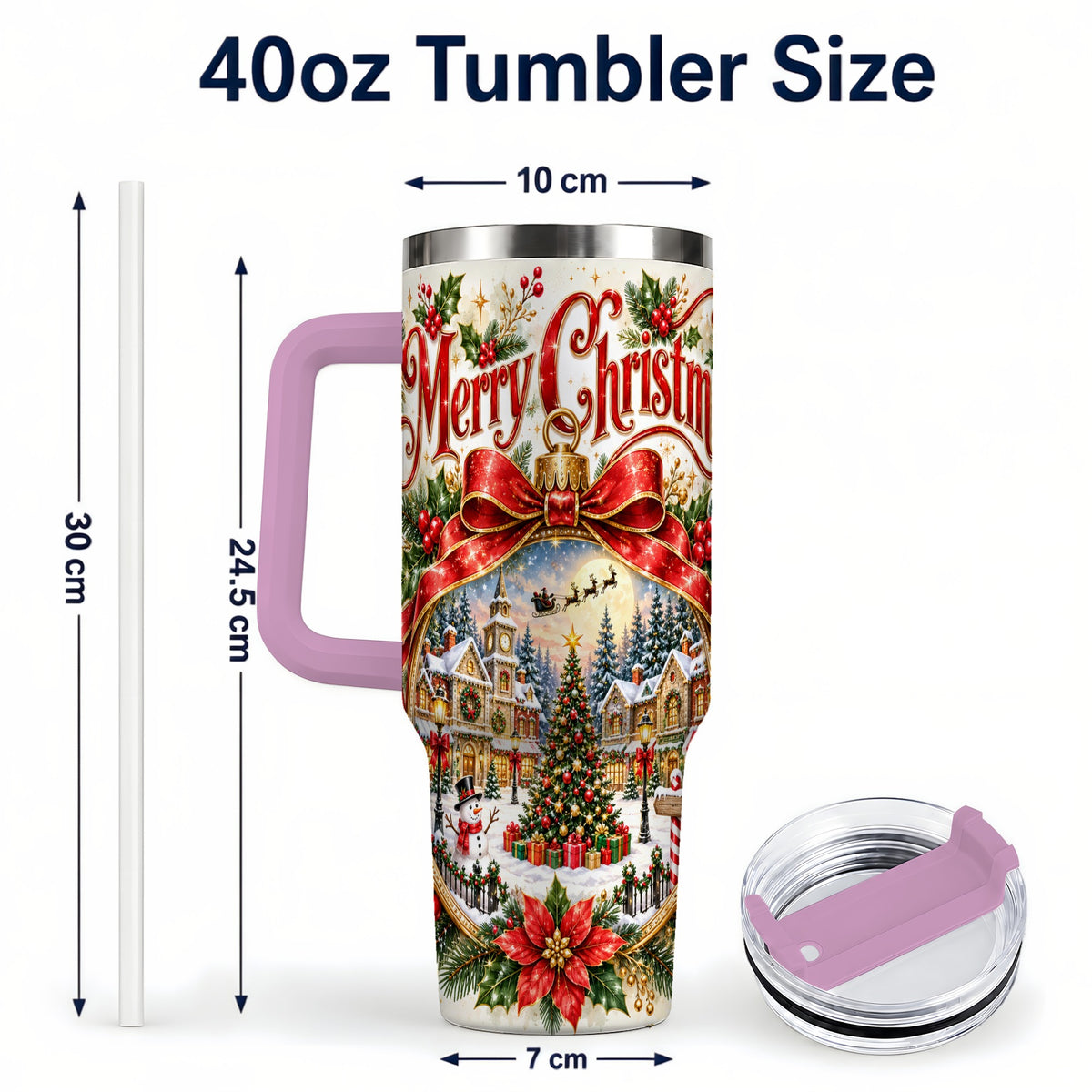 #pl[40oz|Pink] Christmas Village 40oz Tumbler with Handle, Botanical Winter Art