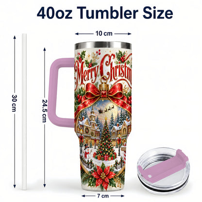 #pl[40oz|Pink] Christmas Village 40oz Tumbler with Handle, Botanical Winter Art