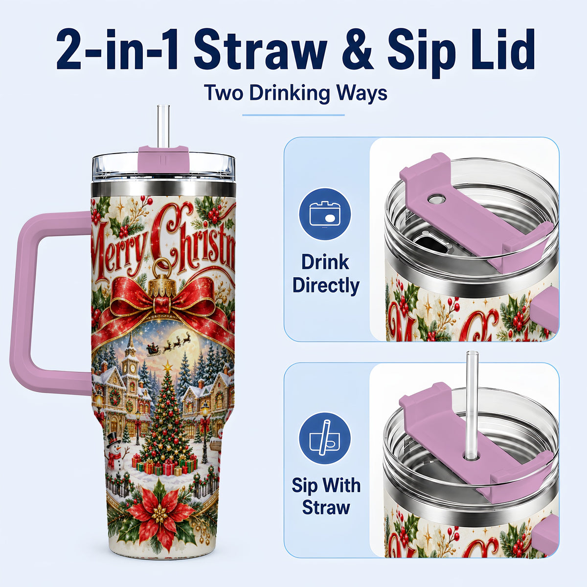 #pl[40oz|Pink] Christmas Village 40oz Tumbler with Handle, Botanical Winter Art