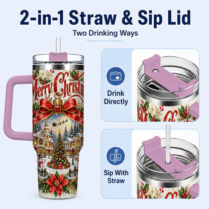#pl[40oz|Pink] Christmas Village 40oz Tumbler with Handle, Botanical Winter Art