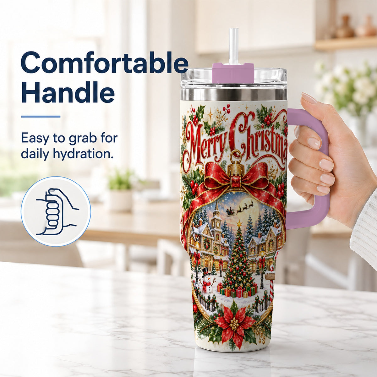#pl[40oz|Pink] Christmas Village 40oz Tumbler with Handle, Botanical Winter Art