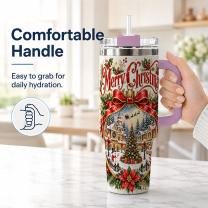 #pl[40oz|Pink] Christmas Village 40oz Tumbler with Handle, Botanical Winter Art