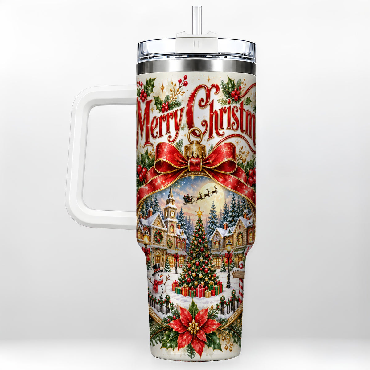 Christmas Village 40oz Tumbler with Handle, Botanical Winter Art