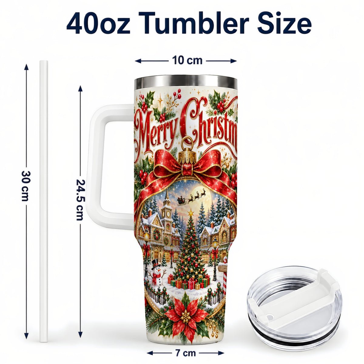 #pl[40oz|White] Christmas Village 40oz Tumbler with Handle, Botanical Winter Art
