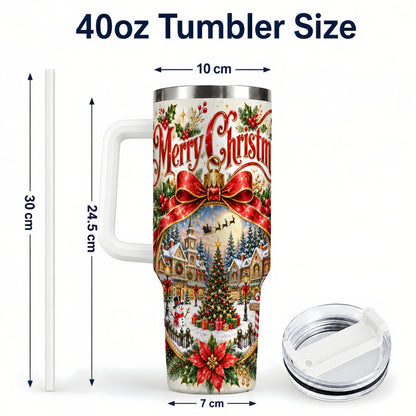 #pl[40oz|White] Christmas Village 40oz Tumbler with Handle, Botanical Winter Art