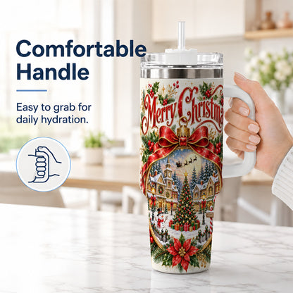 #pl[40oz|White] Christmas Village 40oz Tumbler with Handle, Botanical Winter Art