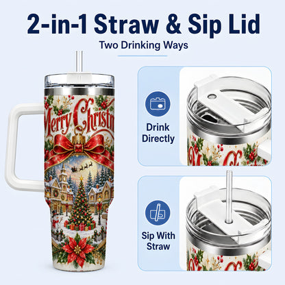 #pl[40oz|White] Christmas Village 40oz Tumbler with Handle, Botanical Winter Art