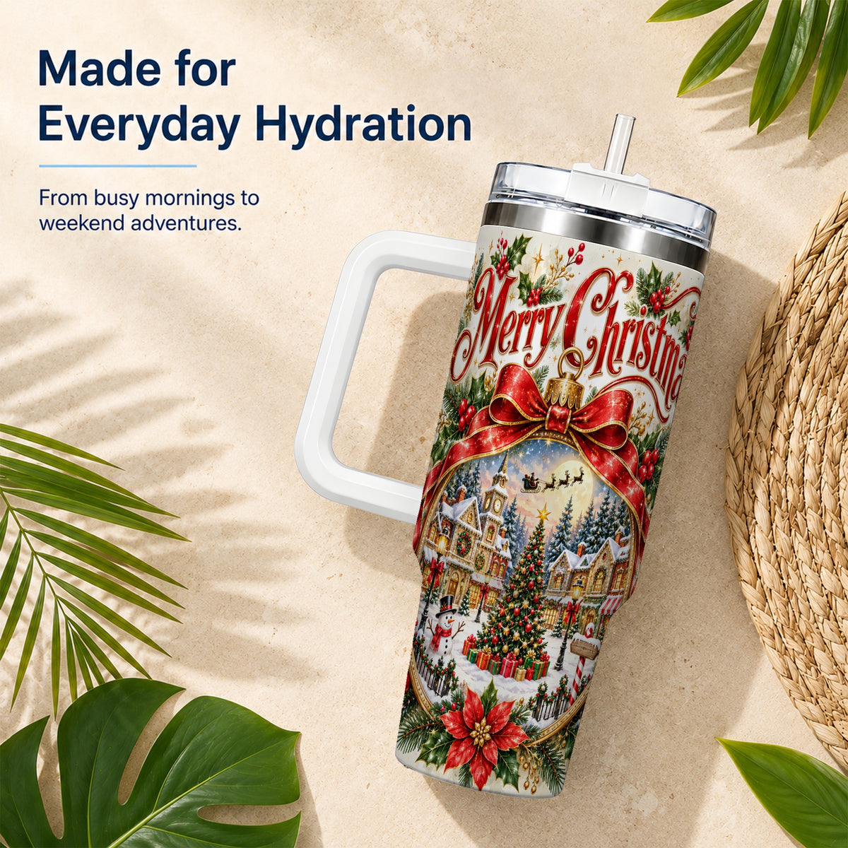 Christmas Village 40oz Tumbler with Handle, Botanical Winter Art