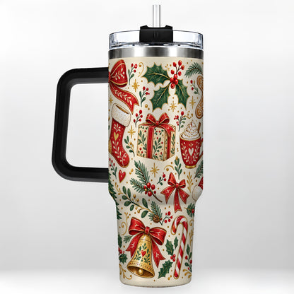 #pl[40oz|Black] Christmas Folk Art 40oz Tumbler with Handle, Rustic Holiday Pattern