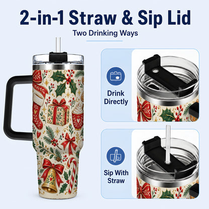 #pl[40oz|Black] Christmas Folk Art 40oz Tumbler with Handle, Rustic Holiday Pattern