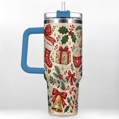 #pl[40oz|Blue] Christmas Folk Art 40oz Tumbler with Handle, Rustic Holiday Pattern