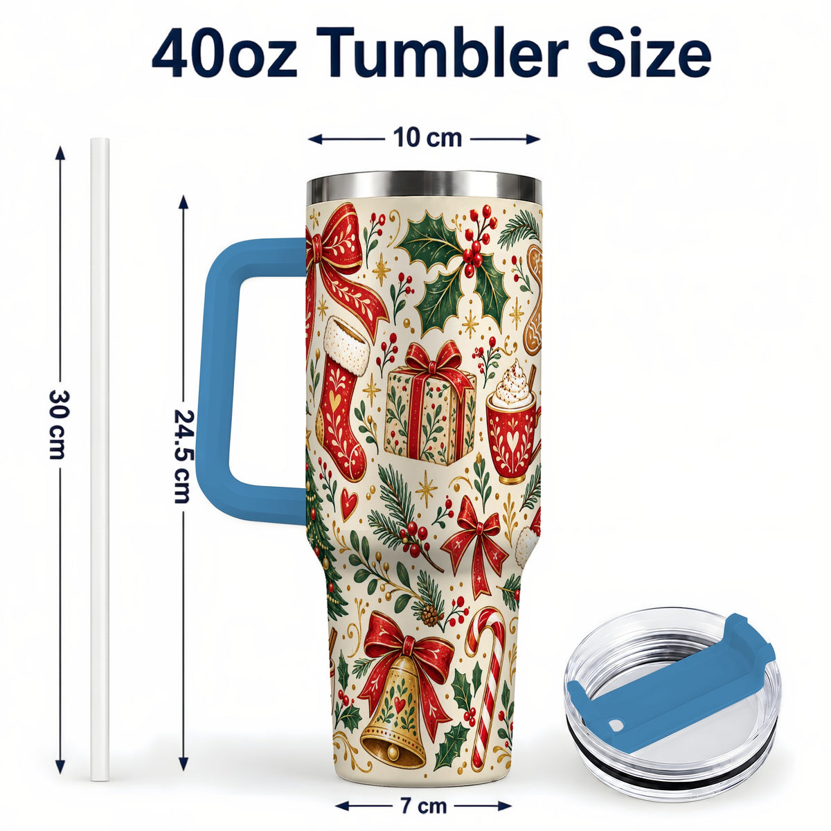 #pl[40oz|Blue] Christmas Folk Art 40oz Tumbler with Handle, Rustic Holiday Pattern