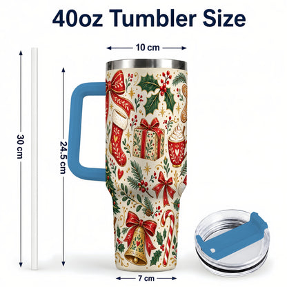 #pl[40oz|Blue] Christmas Folk Art 40oz Tumbler with Handle, Rustic Holiday Pattern