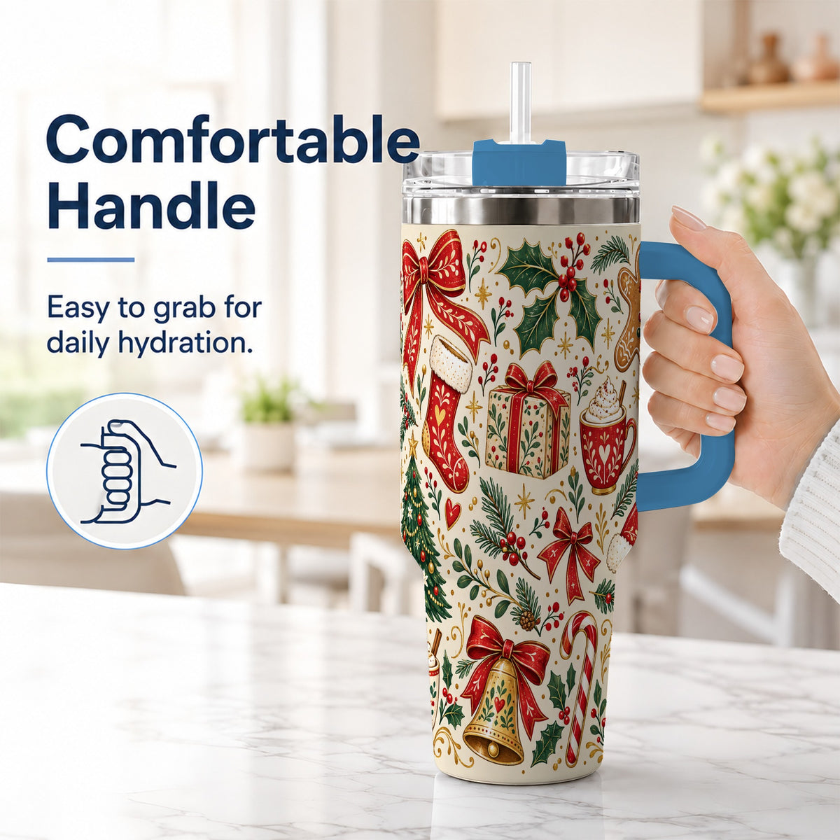 #pl[40oz|Blue] Christmas Folk Art 40oz Tumbler with Handle, Rustic Holiday Pattern