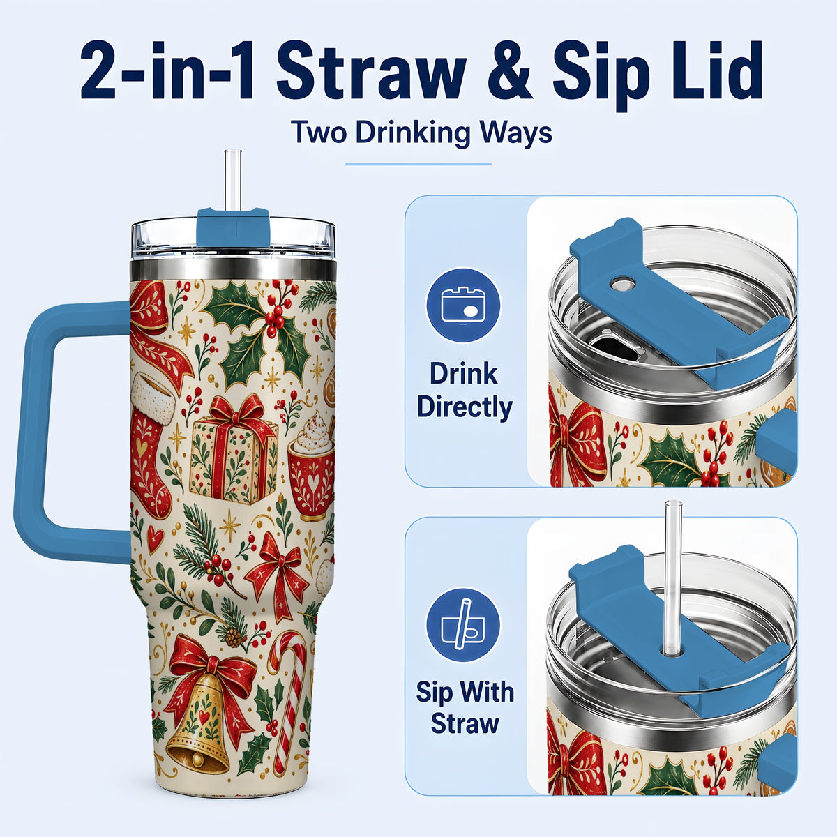 #pl[40oz|Blue] Christmas Folk Art 40oz Tumbler with Handle, Rustic Holiday Pattern