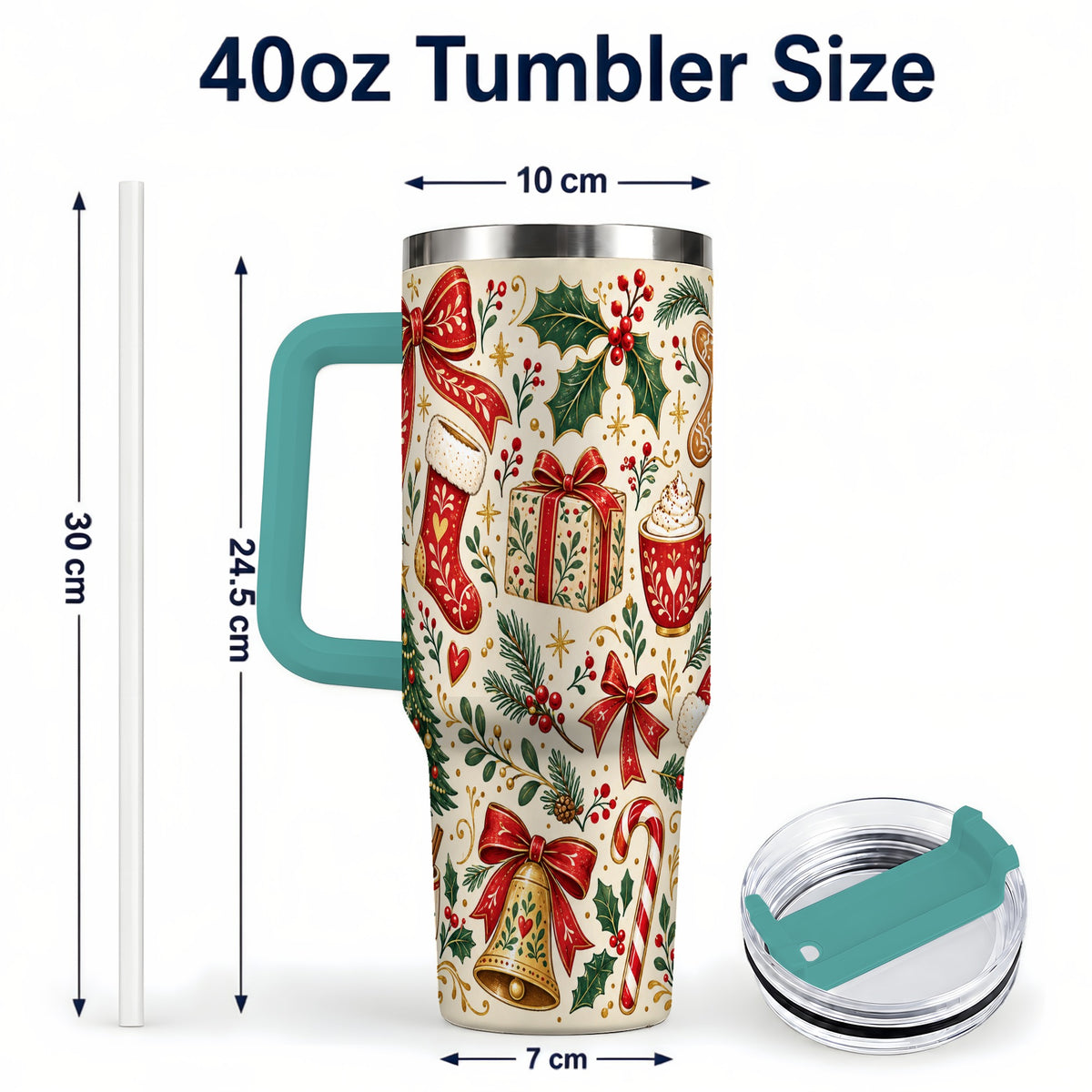 #pl[40oz|Green] Christmas Folk Art 40oz Tumbler with Handle, Rustic Holiday Pattern