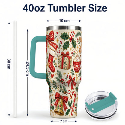 #pl[40oz|Green] Christmas Folk Art 40oz Tumbler with Handle, Rustic Holiday Pattern
