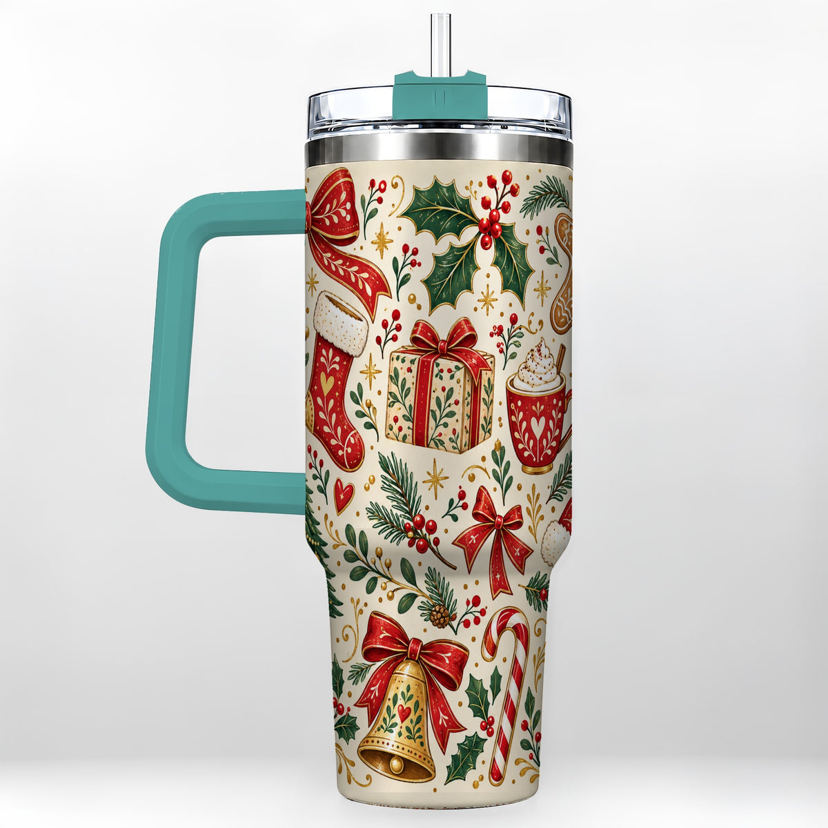 #pl[40oz|Green] Christmas Folk Art 40oz Tumbler with Handle, Rustic Holiday Pattern