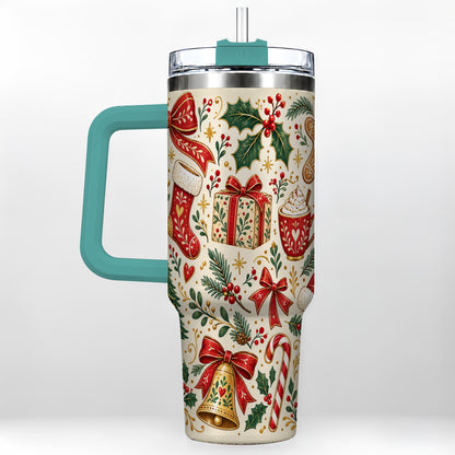 #pl[40oz|Green] Christmas Folk Art 40oz Tumbler with Handle, Rustic Holiday Pattern