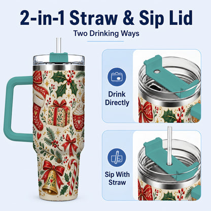 #pl[40oz|Green] Christmas Folk Art 40oz Tumbler with Handle, Rustic Holiday Pattern