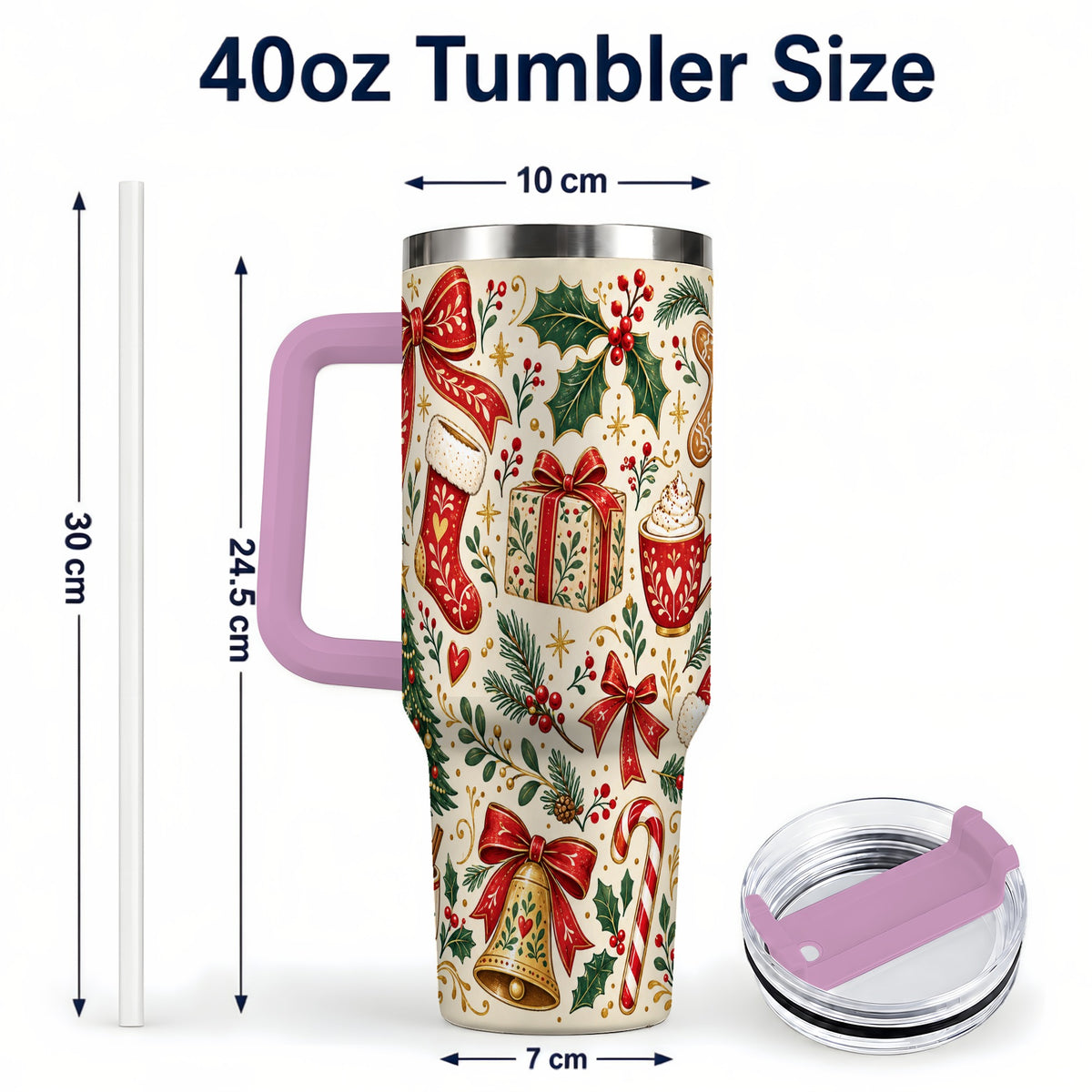 #pl[40oz|Pink] Christmas Folk Art 40oz Tumbler with Handle, Rustic Holiday Pattern