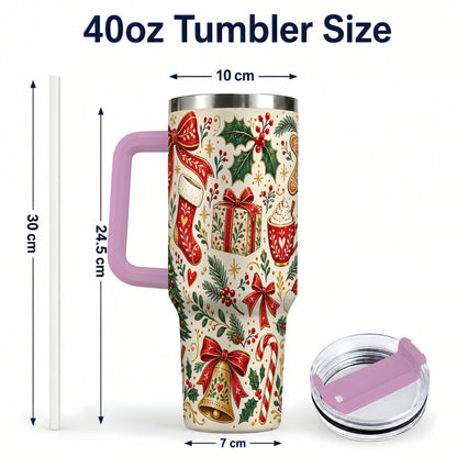 #pl[40oz|Pink] Christmas Folk Art 40oz Tumbler with Handle, Rustic Holiday Pattern