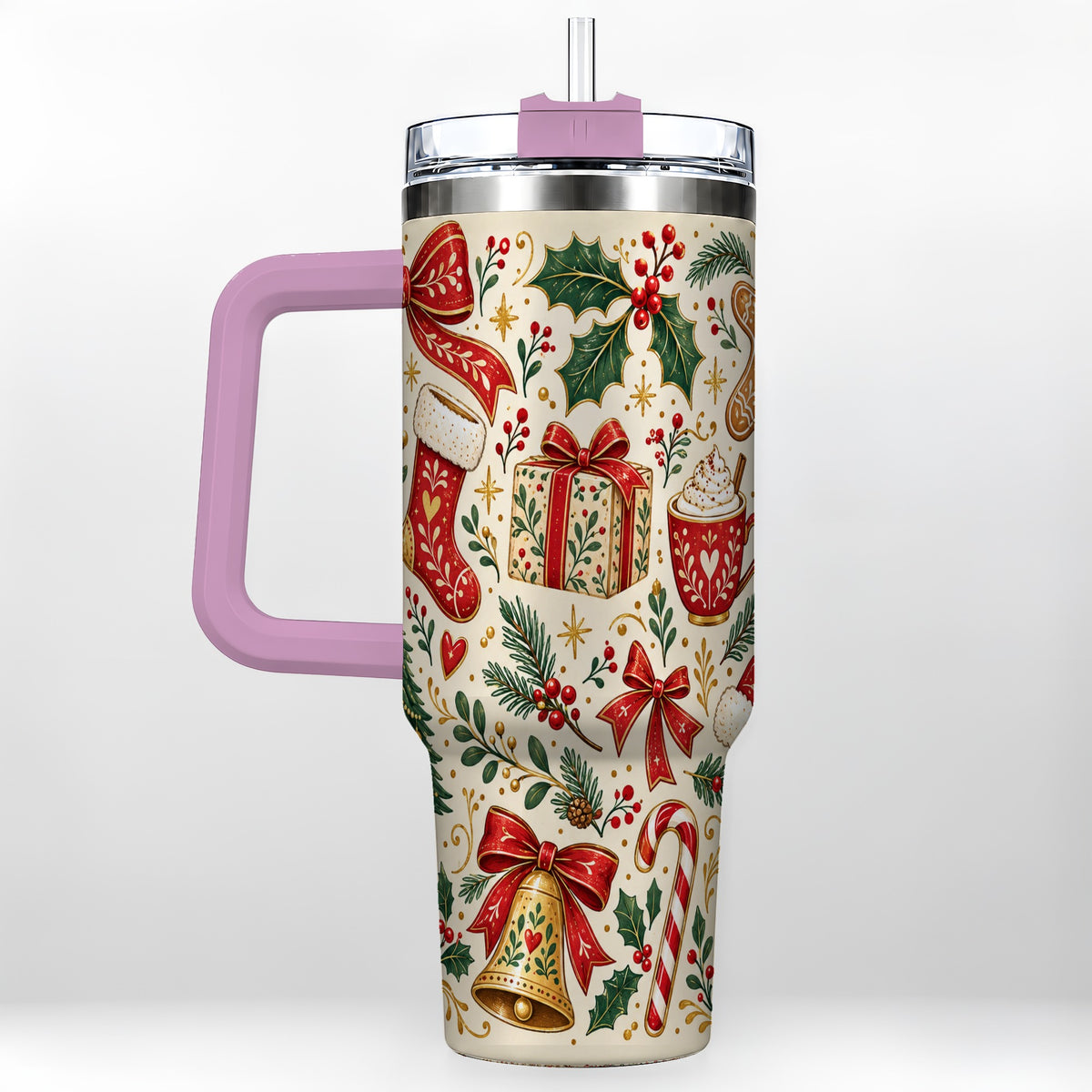 #pl[40oz|Pink] Christmas Folk Art 40oz Tumbler with Handle, Rustic Holiday Pattern