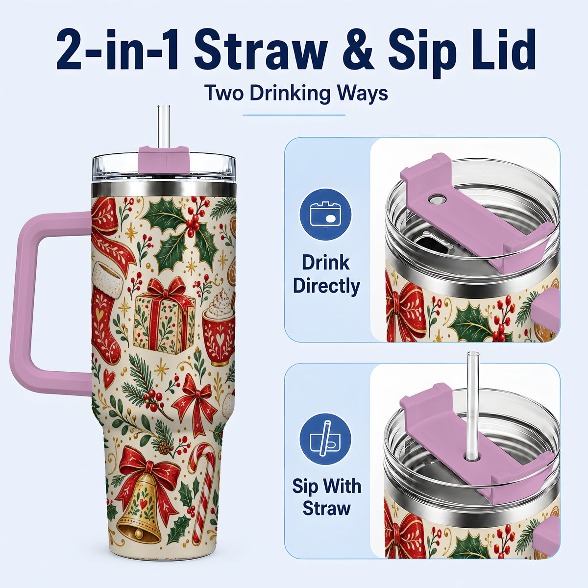 #pl[40oz|Pink] Christmas Folk Art 40oz Tumbler with Handle, Rustic Holiday Pattern