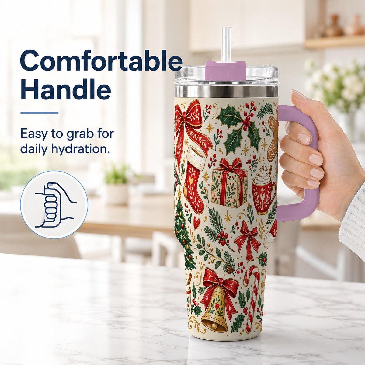 #pl[40oz|Pink] Christmas Folk Art 40oz Tumbler with Handle, Rustic Holiday Pattern