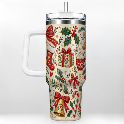 Christmas Folk Art 40oz Tumbler with Handle, Rustic Holiday Pattern