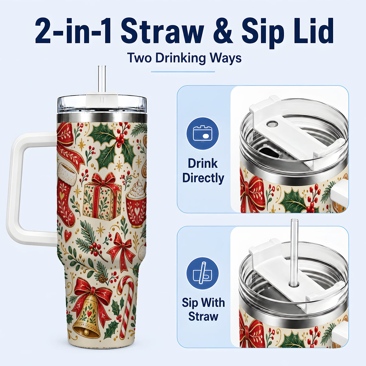 #pl[40oz|White] Christmas Folk Art 40oz Tumbler with Handle, Rustic Holiday Pattern