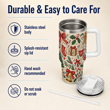 Christmas Folk Art 40oz Tumbler with Handle, Rustic Holiday Pattern
