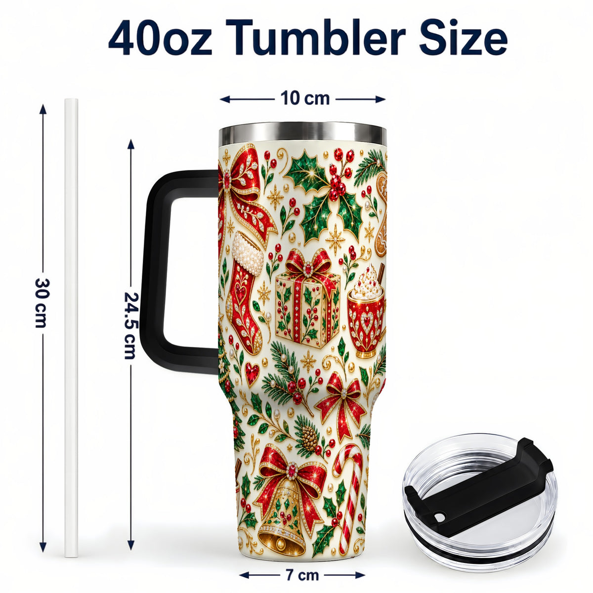 #pl[40oz|Black] Jeweled Christmas 40oz Tumbler with Handle, Festive Holiday Drinkware