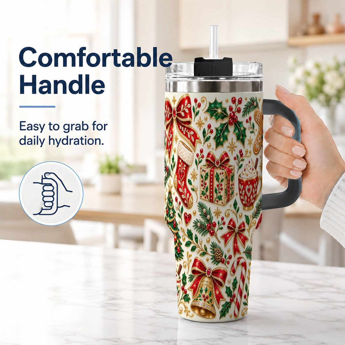 #pl[40oz|Black] Jeweled Christmas 40oz Tumbler with Handle, Festive Holiday Drinkware