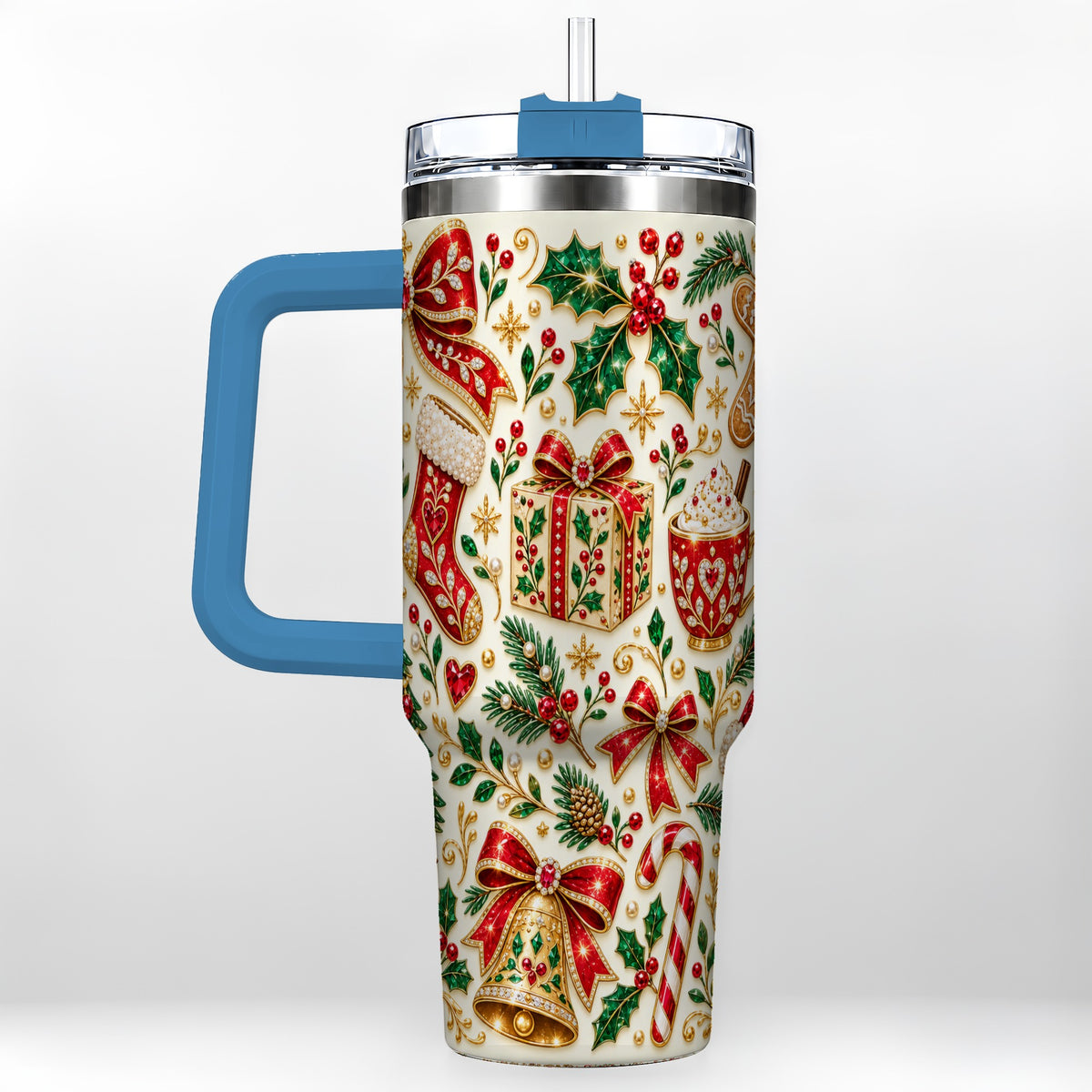 #pl[40oz|Blue] Jeweled Christmas 40oz Tumbler with Handle, Festive Holiday Drinkware