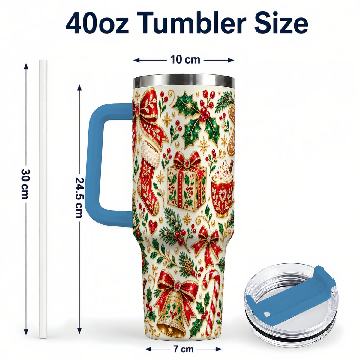 #pl[40oz|Blue] Jeweled Christmas 40oz Tumbler with Handle, Festive Holiday Drinkware