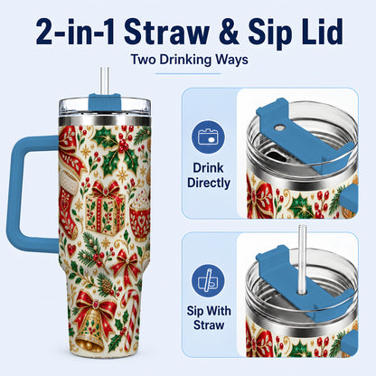 #pl[40oz|Blue] Jeweled Christmas 40oz Tumbler with Handle, Festive Holiday Drinkware