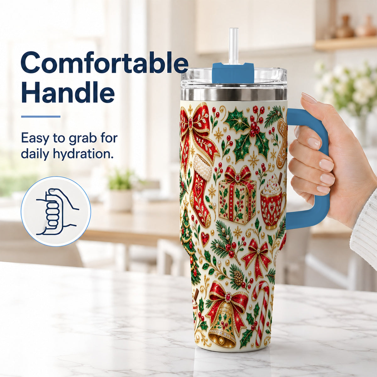 #pl[40oz|Blue] Jeweled Christmas 40oz Tumbler with Handle, Festive Holiday Drinkware