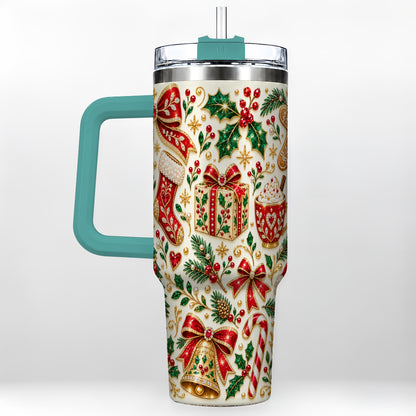 #pl[40oz|Green] Jeweled Christmas 40oz Tumbler with Handle, Festive Holiday Drinkware