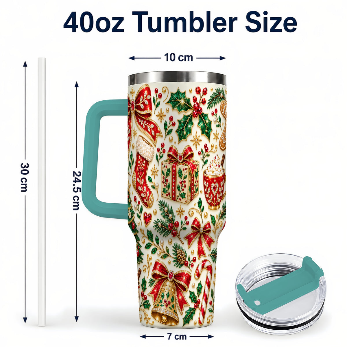 #pl[40oz|Green] Jeweled Christmas 40oz Tumbler with Handle, Festive Holiday Drinkware