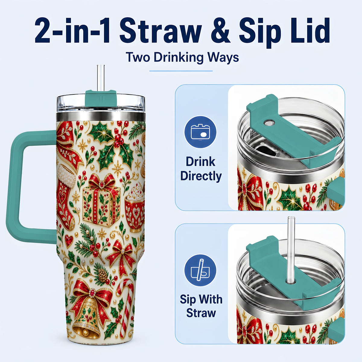 #pl[40oz|Green] Jeweled Christmas 40oz Tumbler with Handle, Festive Holiday Drinkware
